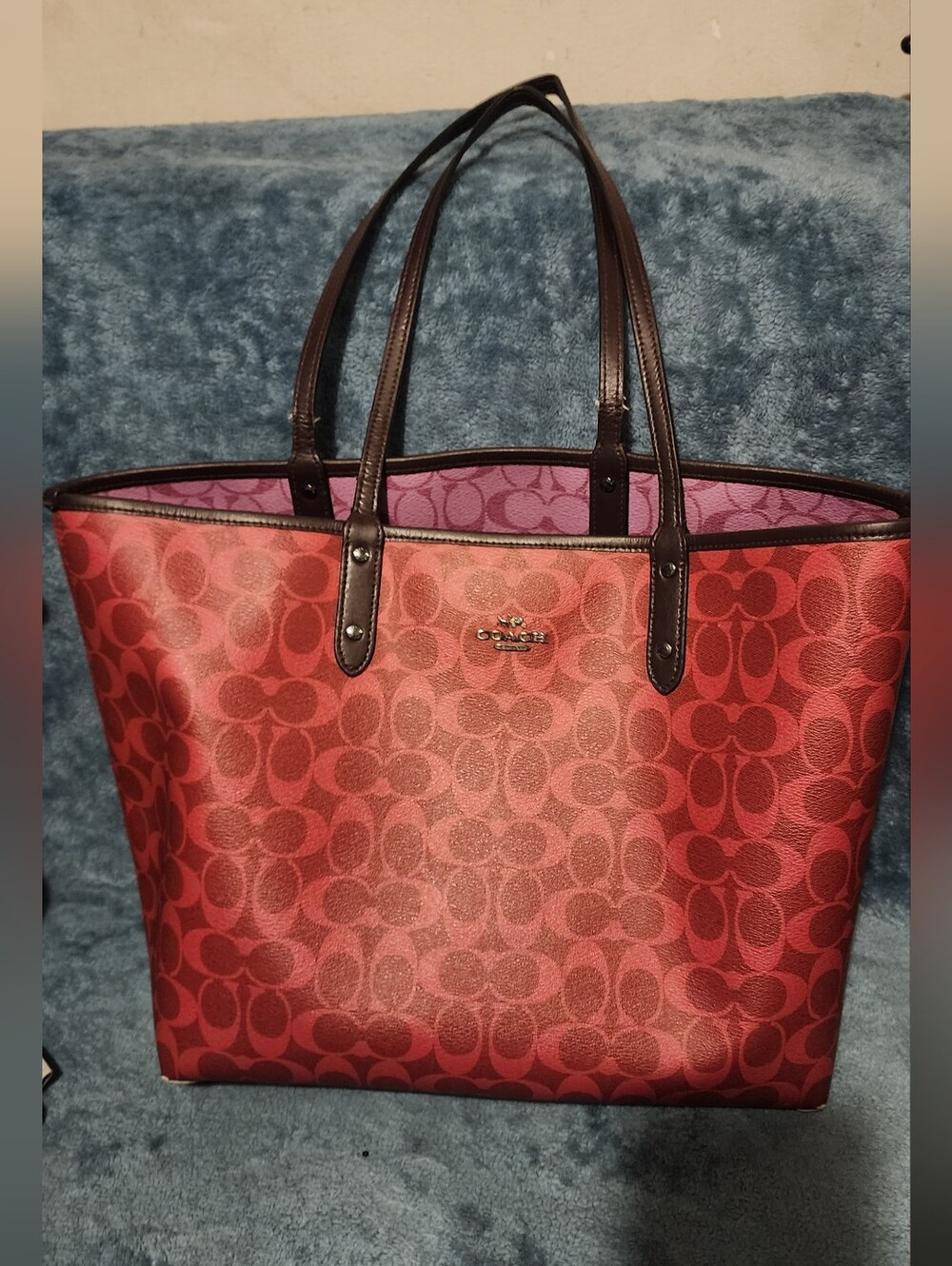 Coach Reversible Signature Canvas Tote with Dark Brown Trim and Purple And Pink